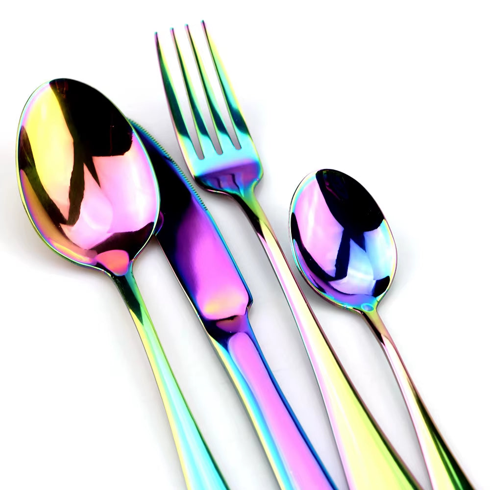 Colorful Rainbow Dinnerware Set Stainless Steel Cutlery Set 1/4 Pcs Black Knife Fork Set Tableware Gold Silver Western Food Set