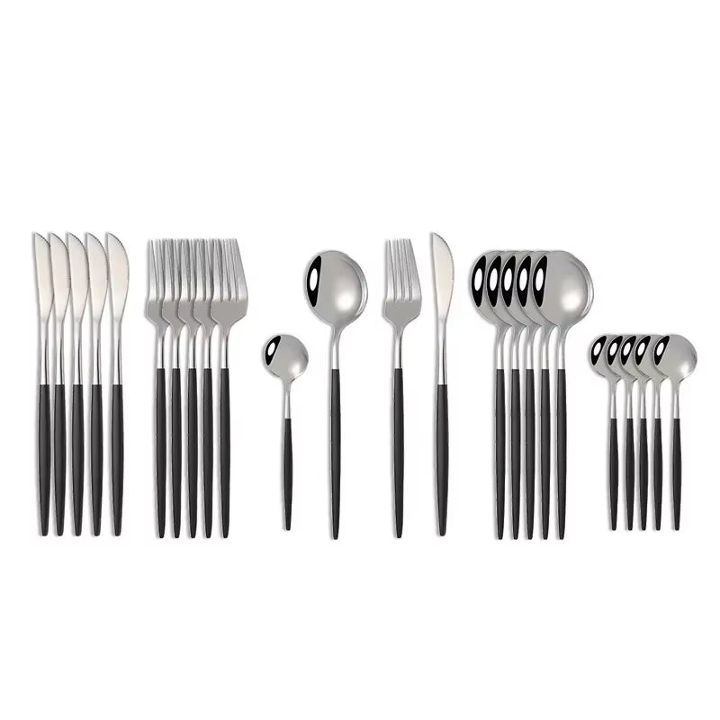 24Pcs Stainless Steel Dinnerware Set Black Gold Cutlery Spoon Fork Knife Western Cutleri Silverware Tableware Set Supplies