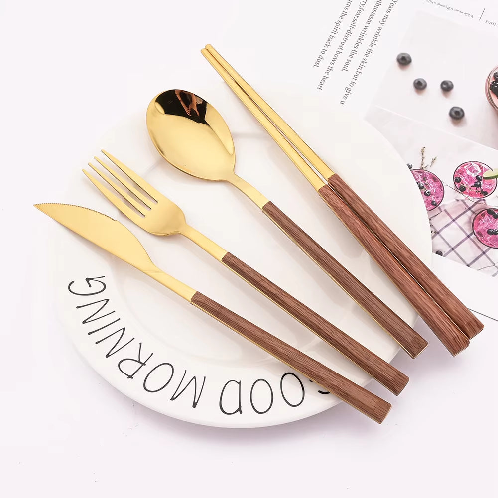 4/12/16Pcs Silver Cutlery Set Chopsticks Knife Fork Spoon Imitation Wooden Handle Korean Dinnerware Set Luxury Tableware Set