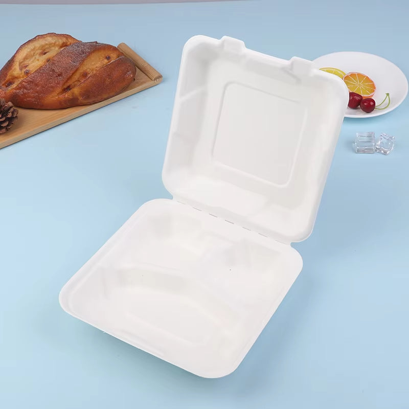 10Pcs Compostable Disposable 10 Pack 3 Compartment Takeout Lunch Box Containers with Lid to Go Take Out Clamshell for Food