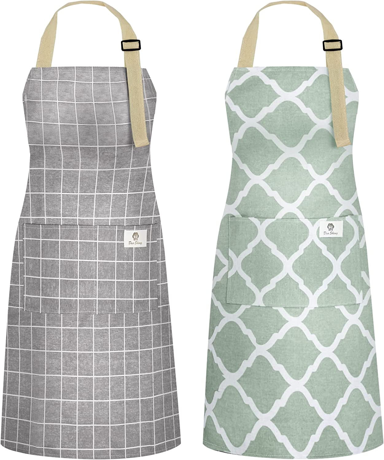 2 Pack Kitchen Cooking Aprons, Adjustable Bib Soft Chef Apron with 2 Pockets for Men Women(Black/Brown Stripes)