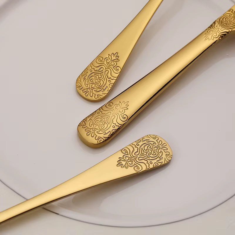 5Pcs Cutlery Set Stainless Steel Tableware Carving Golden Dinnerware Set Knife Fork Spoon Silverware Flatware Kitchen Untensils