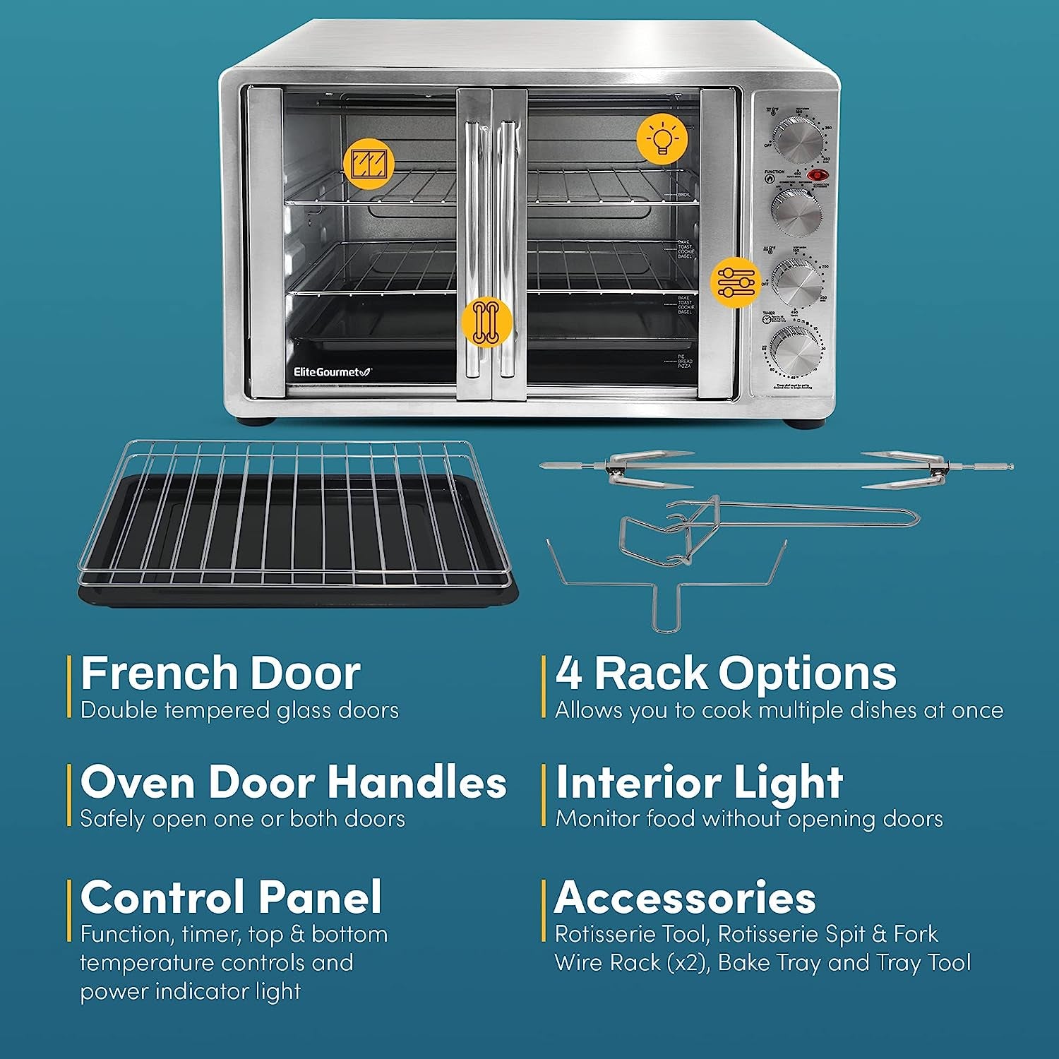 ETO-4510M French Door 47.5Qt, 18-Slice Convection Oven 4-Control Knobs, Bake Broil Toast Rotisserie Keep Warm, Includes 2 X 14" Pizza Racks, Stainless Steel