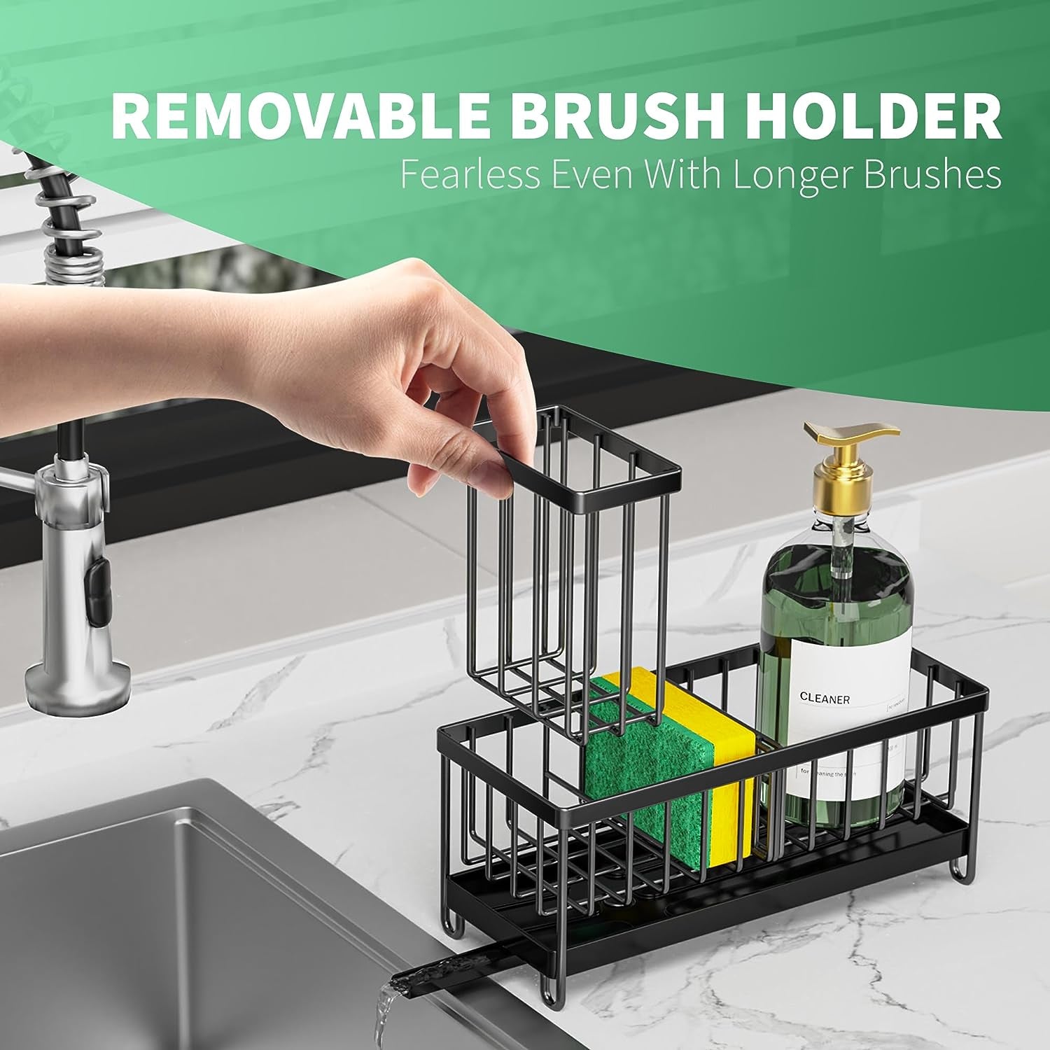 Sponge Holder for Kitchen Sink, Sink Caddy with High Brush Holder, Kitchen Sink Organizer Countertop Rustproof 304 Stainless Steel, Soap Dispenser Kitchen Organizers and Storage Essentials