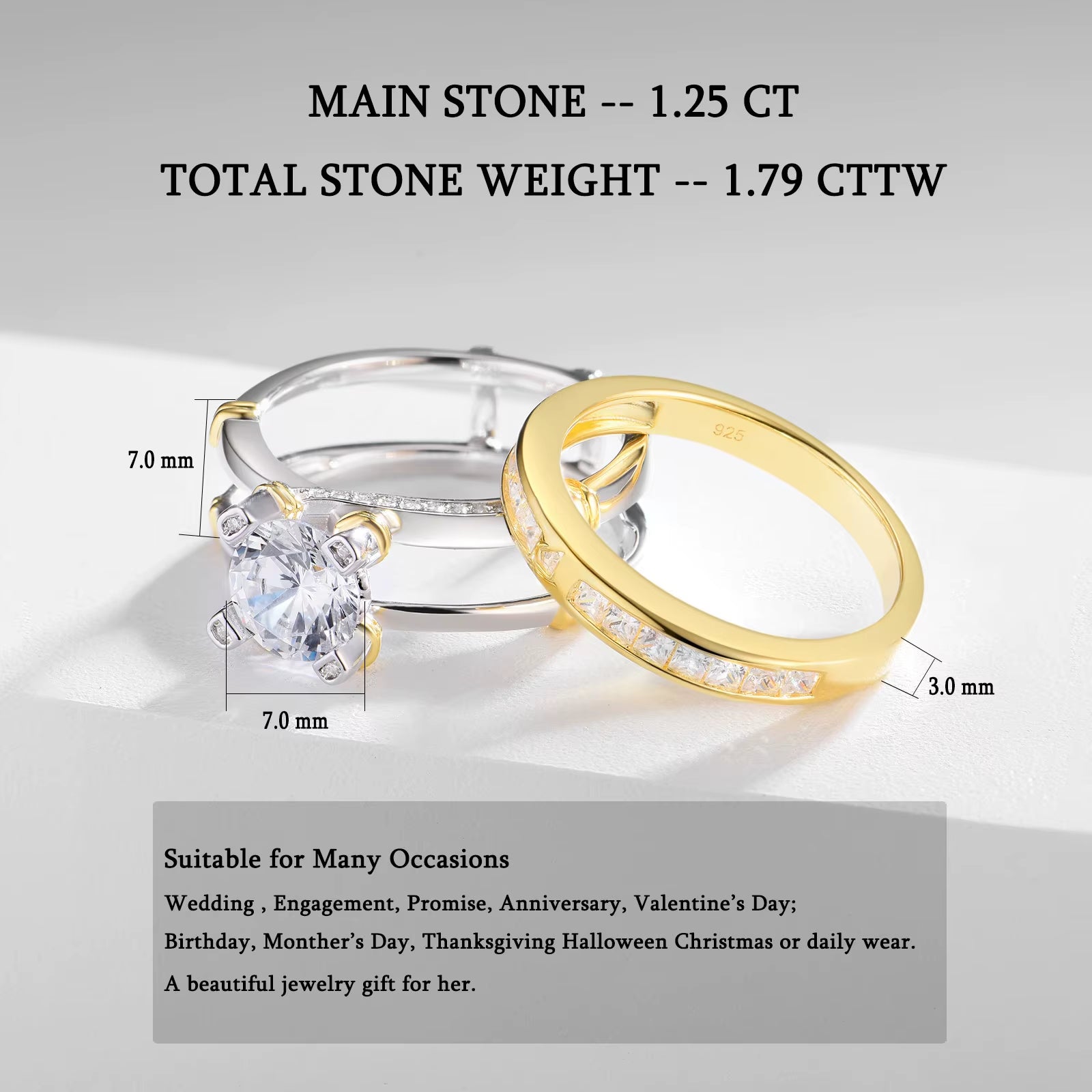 925 Sterling Silver Engagement Rings Set for Women Yellow Gold Wedding Band round Cut High Grade CZ Jewelry