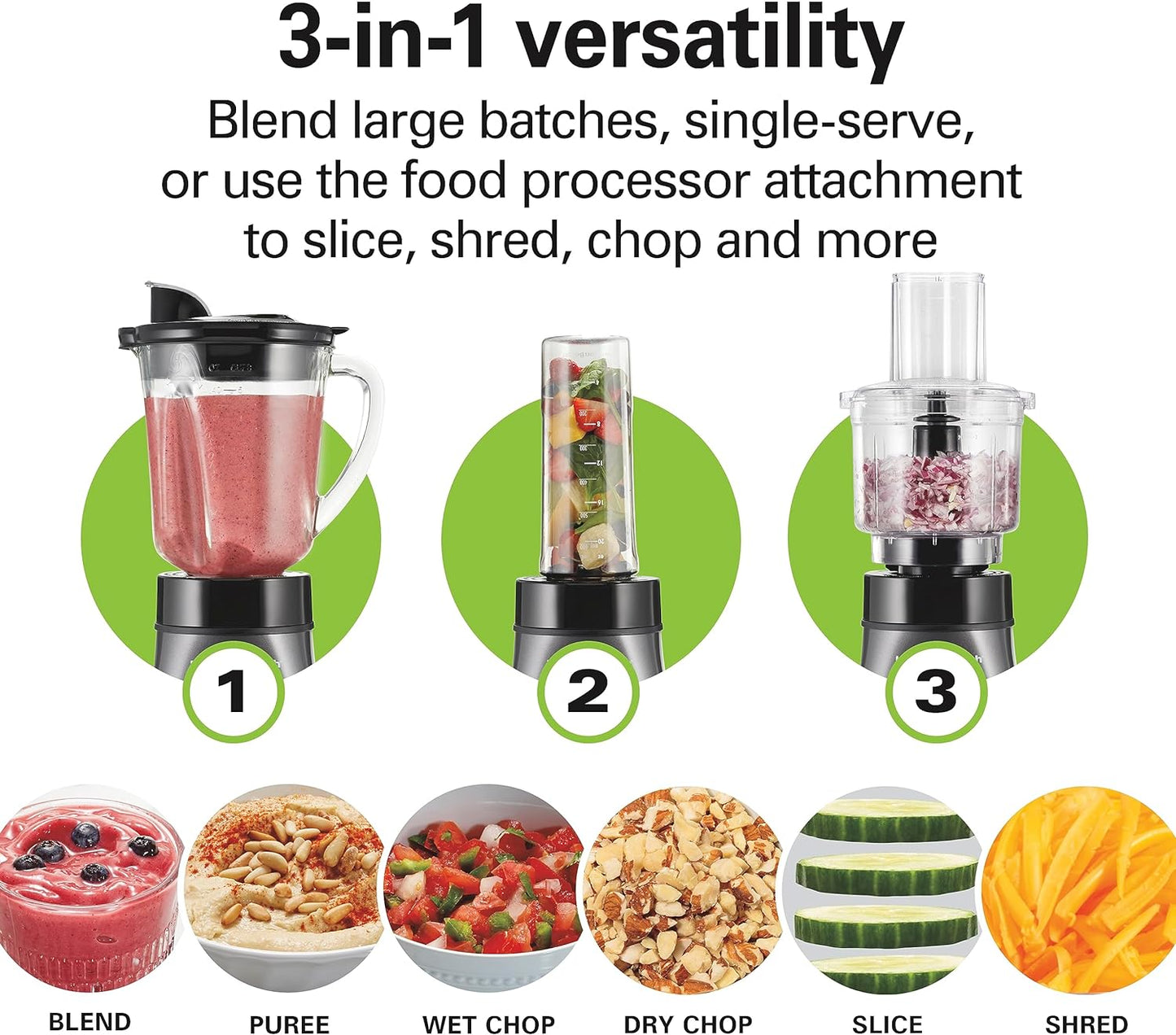 Blender for Shakes and Smoothies & Food Processor Combo, with 40Oz Glass Jar, Portable Blend-In Travel Cup & 3 Cup Electric Food Chopper Attachment, 700 Watts, Gray & Black (58163)