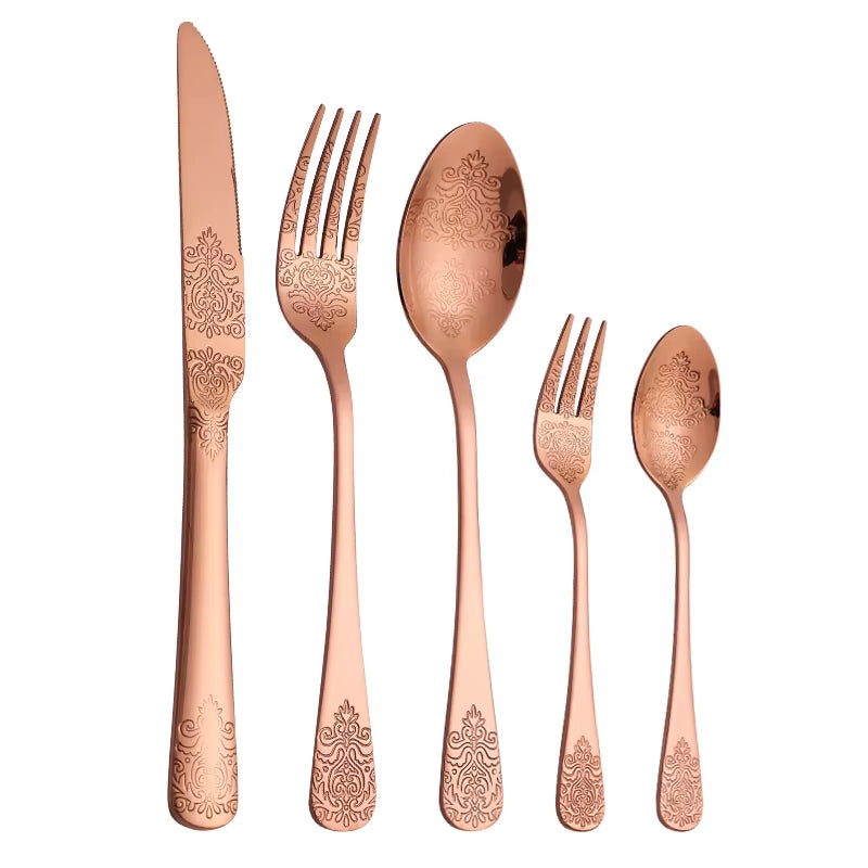 5Pcs Cutlery Set Stainless Steel Tableware Carving Golden Dinnerware Set Knife Fork Spoon Silverware Flatware Kitchen Untensils