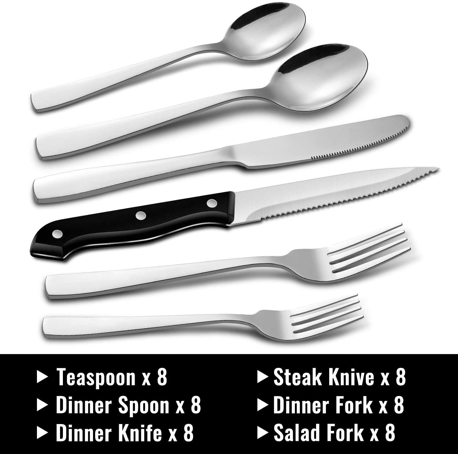 48-Piece Silverware Set with Steak Knives for 8, 18/8 Stainless Steel Flatware Cutlery Set for Home Kitchen Restaurant Hotel, Kitchen Utensils Set, Mirror Polished, Dishwasher Safe