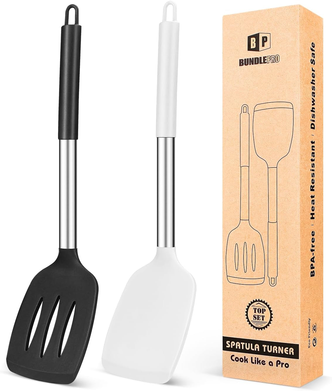 Pack of 2 Silicone Solid Turner, Non Stick Slotted Kitchen Spatulas, High Heat Resistant BPA Free Cooking Utensils, Ideal Cookware for Fish, Eggs, Pancakes(Black)