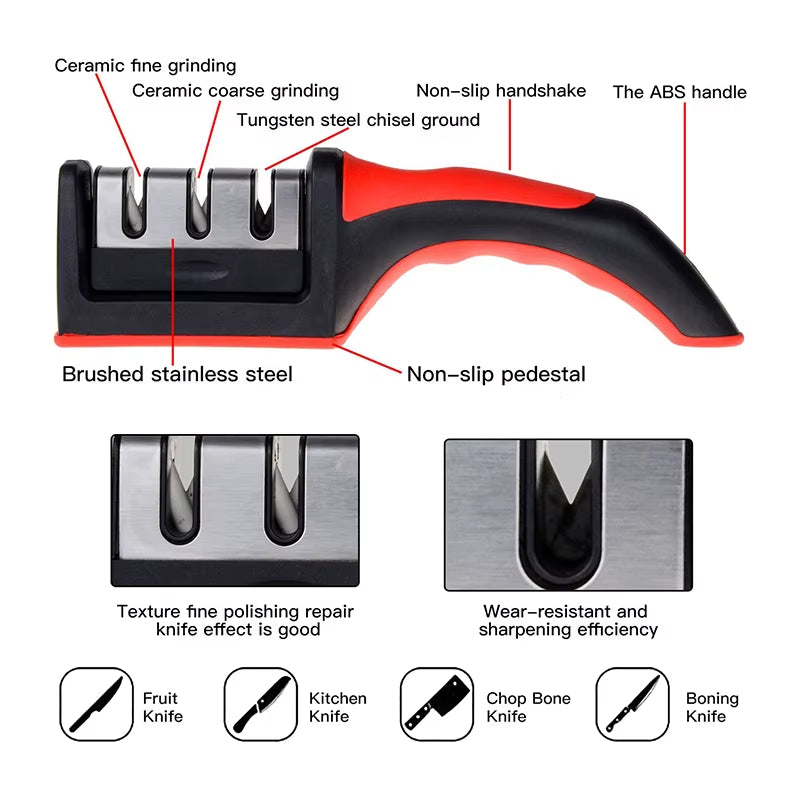 Kitchen 3-Segment Knife Sharpener Household Multi-Functional Hand-Held Three-Purpose Black Sharpening Stone