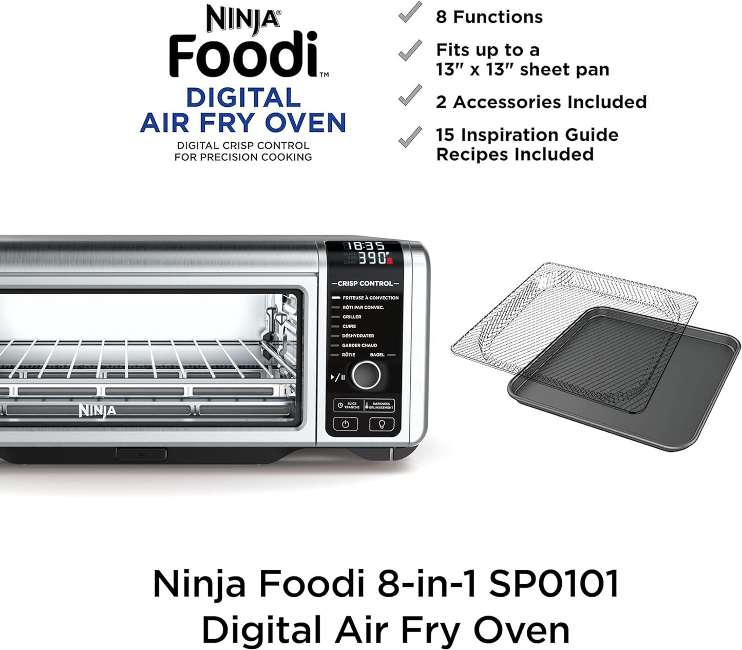 SP101 Digital Air Fry Countertop Oven with 8-In-1 Functionality, Flip up & Away Capability for Storage Space, with Air Fry Basket, Wire Rack & Crumb Tray, Silver