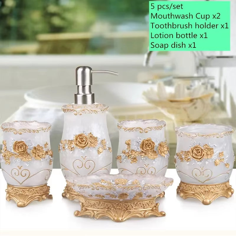 European Style Luxury Bathroom Accessories Set, Romantic Flowers, Antique Resin Wash Suit, Bathroom Supplies, Mouthwash Cup