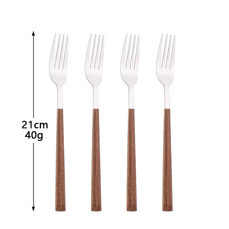 4/12/16Pcs Silver Cutlery Set Chopsticks Knife Fork Spoon Imitation Wooden Handle Korean Dinnerware Set Luxury Tableware Set