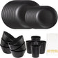 32Pcs Black Wheat Straw Dinnerware Sets with 25Pcs Linen Napkins,Plates and Bowls Sets for 8,Black Plastic Dinnerware Sets, Microwave Dishwasher Safe Plates, Dishes Set for 8 for Halloween