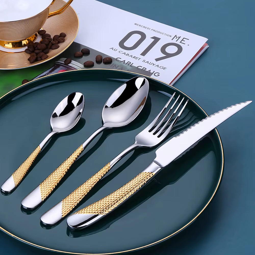 8/12/16/20/24Pcs Gold Plated Cutlery Set Kitchen Utensils Stainless Steel Western Tableware Sliver Fork Spoon Dishwasher Safe