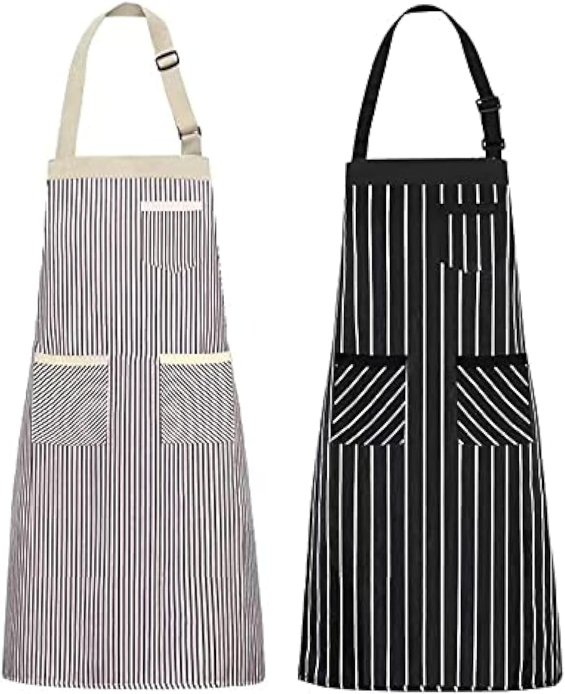 2 Pack Kitchen Cooking Aprons, Adjustable Bib Soft Chef Apron with 2 Pockets for Men Women(Black/Brown Stripes)