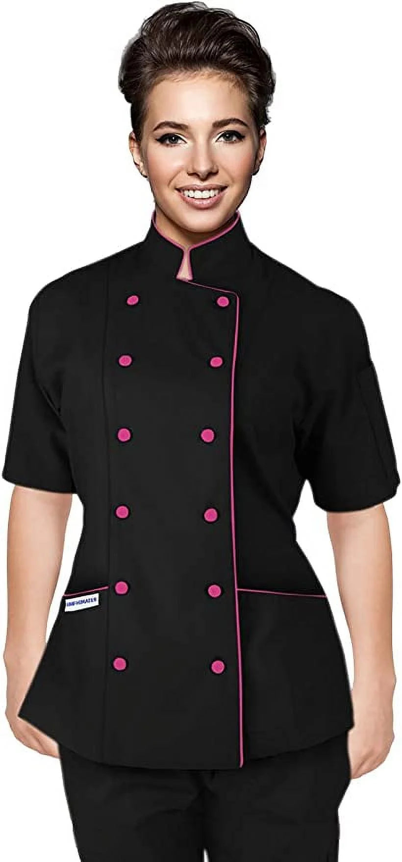 Short Sleeves Tailored Fit Chef Coat Jacket Uniform for Women for Food Service, Caterers, Bakers and Culinary Professional (Black/Pink Trim, X-Small)