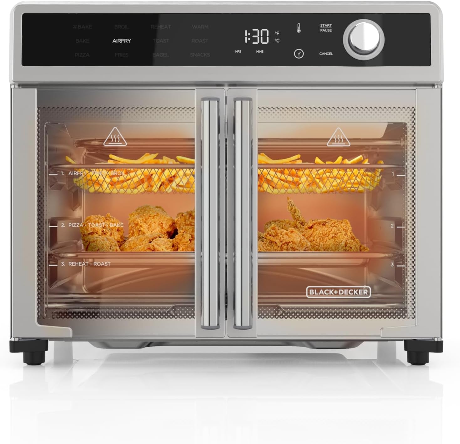 Crisp 'N Bake Air Fryer Toaster Oven Combo, 12 in 1 Countertop Convection Oven Cooks Food Fast, Fits a Whole Pizza or 6 Toast Slices, French Doors with Stainless Steel Finish