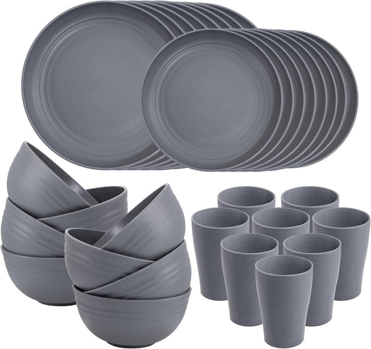 32Pcs Wheat Straw Dinnerware Sets,Unbreakable Dinnerware Sets for 8,Reusable Tableware,Straw Tableware,Dark Grey Set 16Pcs Plates, 8Pcs Bowls, 8Pcs Cups