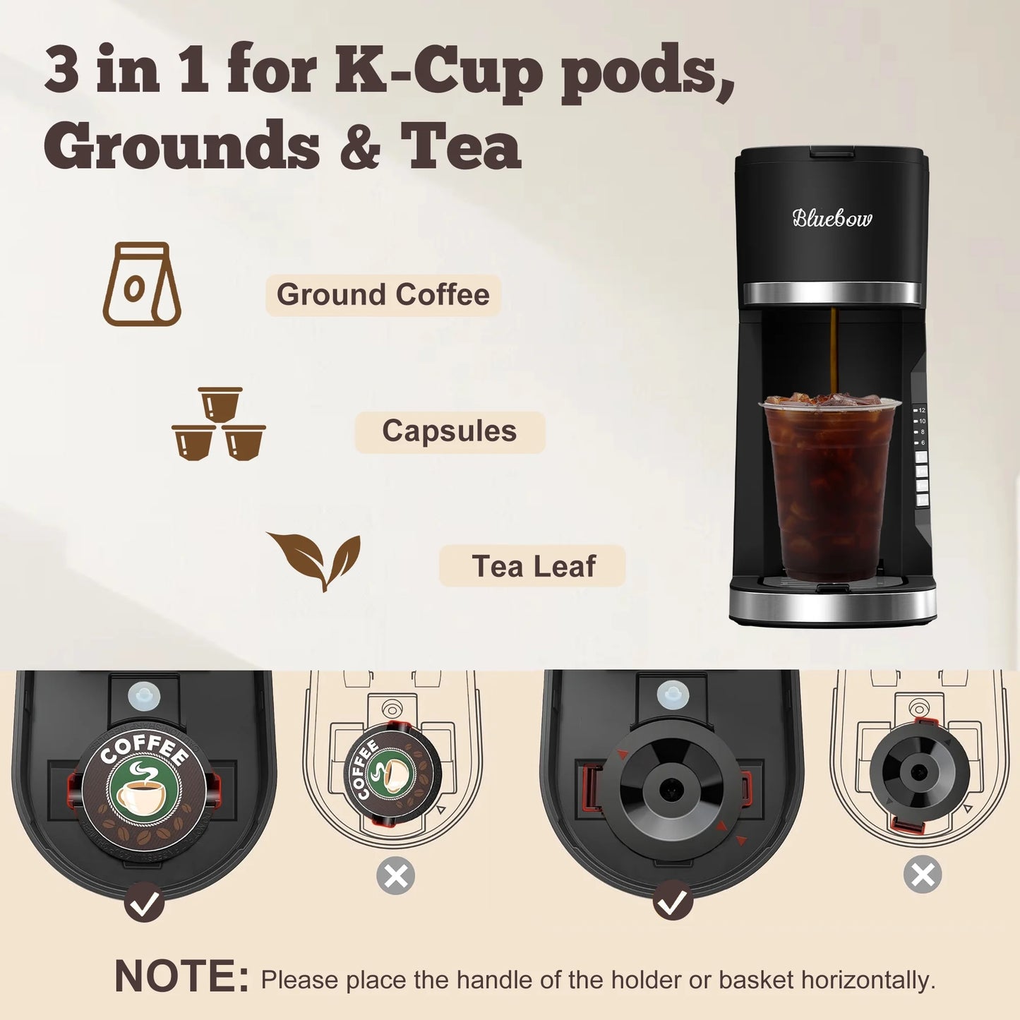 Hot & Iced Coffee Maker, 3 in 1 Single Serve Brew for K Cup, Ground Coffee & Tea, 6-12Oz Brew Size, Black