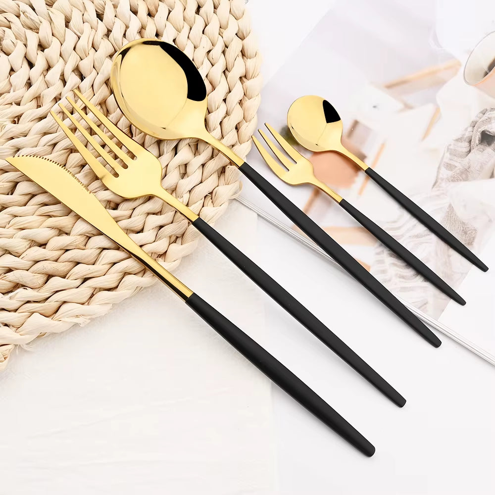 30Pcs Black Silver Cutlery Set Knife Fruit Forks Cake Fork Tea Spoon Dinnerware Stainless Steel Tableware Set Party Kitchen Tool