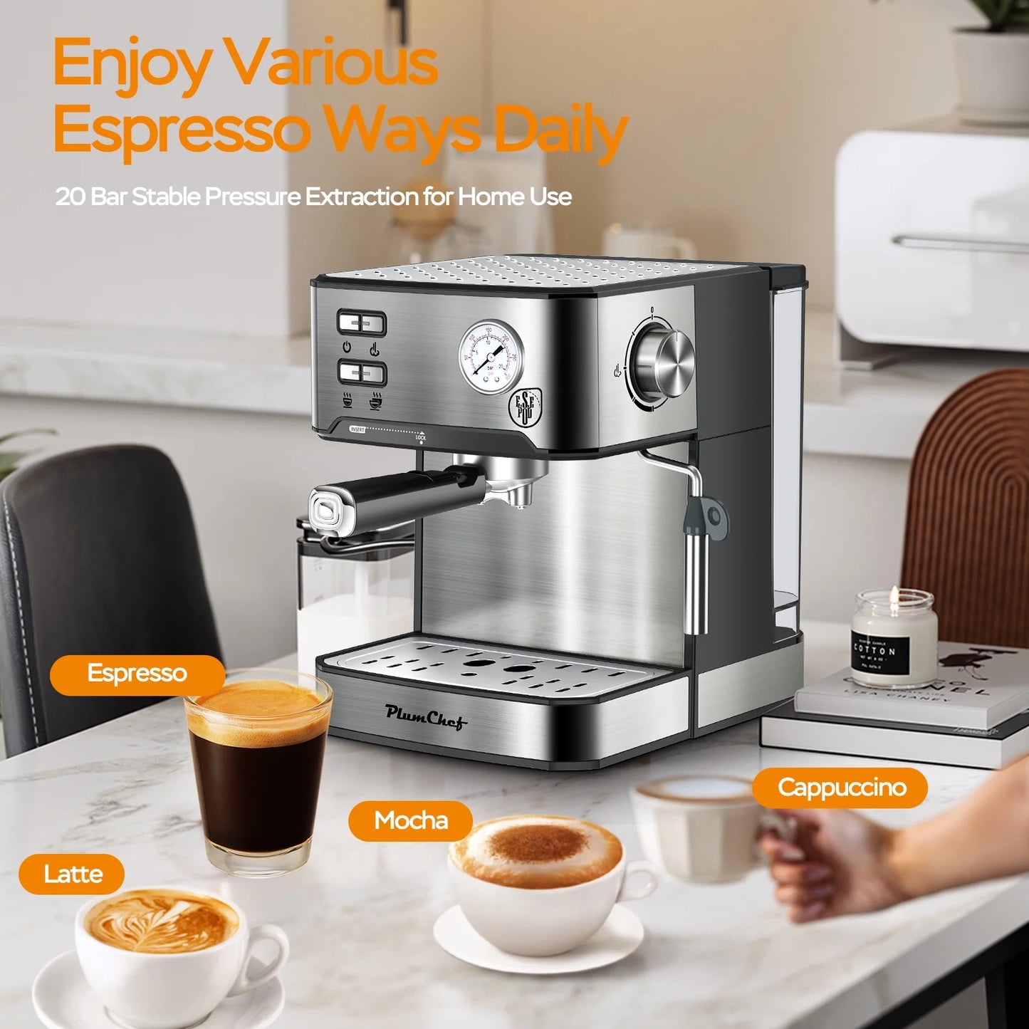 Espresso Machine 20 Bar Fast Heating Automatic Cappuccino Coffee Maker with ESE POD Filter&Milk Frother Steam Wand, 1.6L Water Tank, 850W, Stainless Steel