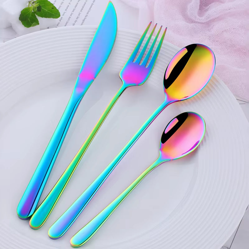 4Pcs Luxury 304 Stainless Steel Tableware Set Silverware Fork Spoon Knife Travel Cutlery Set Gold Portable Camping Flatware Set