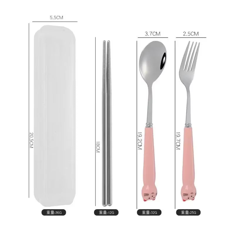 Portable Cartoon Tableware with Case Kitchen Utensils Reusable Flatware Silverware Include Fork Spoon for Children