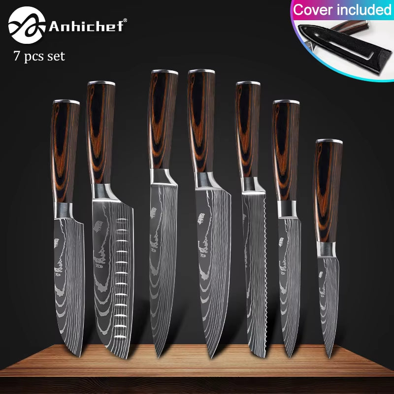 Professional Kitchen Knives Stainless Steel 7CR17 440C Laser Damascus Japanese Santoku Cleaver Slicing Utility Chef Knife Set