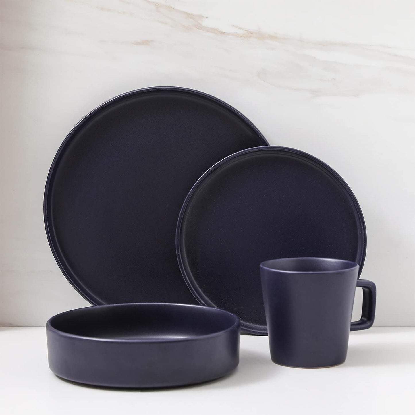 Cleo Modern Stoneware 16-Piece Dinnerware Set, Plates and Bowls Set, Dish Set Service for 4, Dark Blue