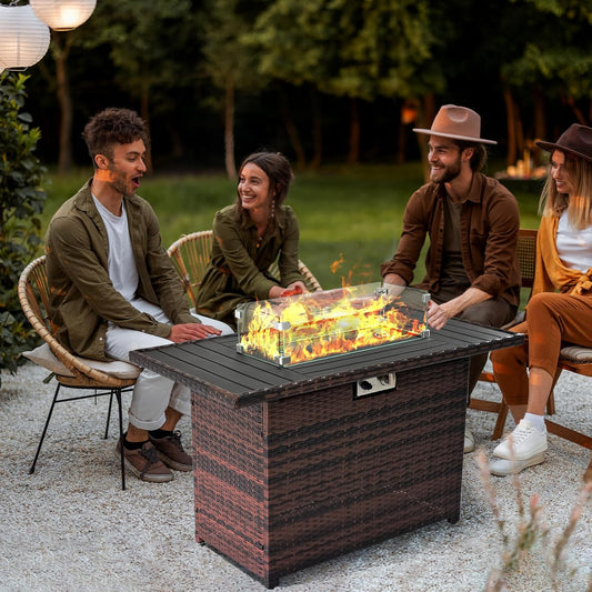 44 Inch Propane Fire Pit Table 50000 BTU Firepits Table with Lid Rectangular Rattan Gas Fire Pits for outside Patio with Glass Wind Guard Glass Rocks Water-Proof Cover,Brown