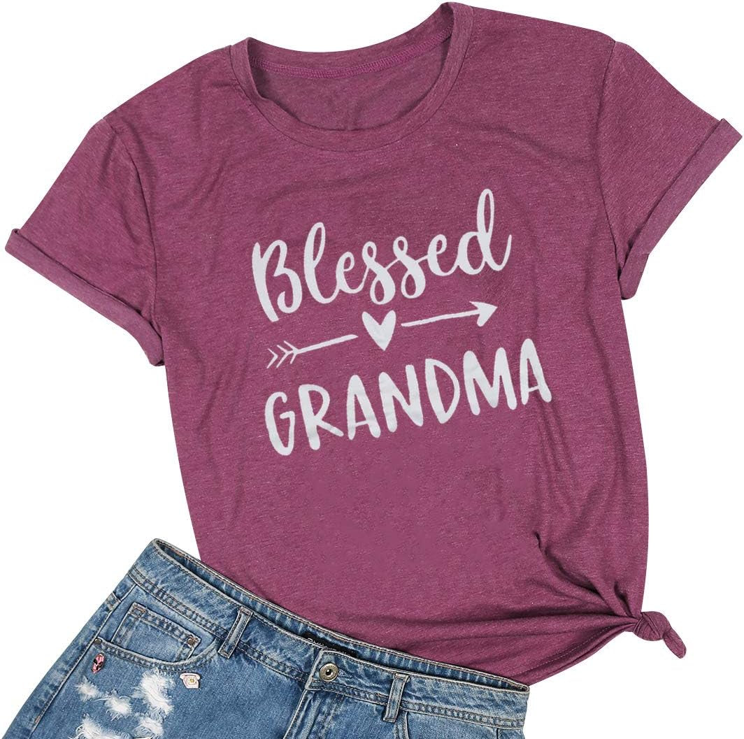 Blessed Grandma Shirt Funny Cute Graphic Tees Women Letter Print T-Shirt Casual Short Sleeve Tops