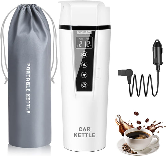 Car Electric Kettle: 12V/24V Portable Water Boiler Heated Travel Mug,Multiple Temperature Adjustable Coffee Tea Truck Cup with 304 Stainless Steel Dry Burn Protection & Handy Cup Bag