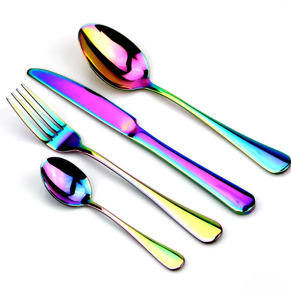 Colorful Rainbow Dinnerware Set Stainless Steel Cutlery Set 1/4 Pcs Black Knife Fork Set Tableware Gold Silver Western Food Set