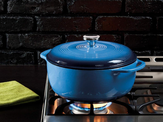 6 Quart Enameled Cast Iron Dutch Oven with Lid – Dual Handles – Oven Safe up to 500° F or on Stovetop - Use to Marinate, Cook, Bake, Refrigerate and Serve – Blue