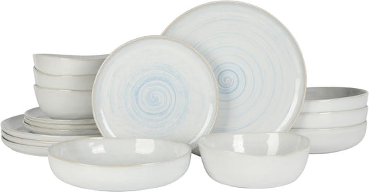 Auckland Blue Swirl Stoneware Reactive Glaze 16 Piece (Service for 4) Plates and Bowls Dinnerware Set