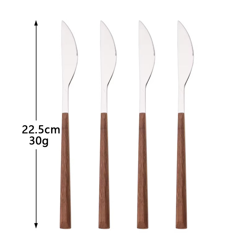 4/12/16Pcs Silver Cutlery Set Chopsticks Knife Fork Spoon Imitation Wooden Handle Korean Dinnerware Set Luxury Tableware Set