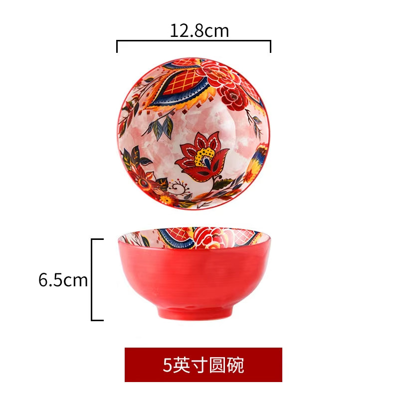 Ceramic Colorful Flower Dinner Plate Set Under-Glazed Retro Dinner Dishes Dinnerware Household Bowl Bakeware Flower Tableware