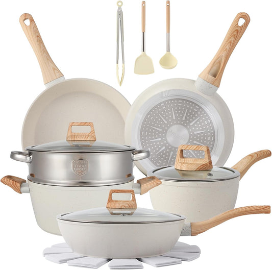 16PCS Pots and Pans Set Non Stick Cookware Set Nonstick with Cooking Set (White, 16Pieces)