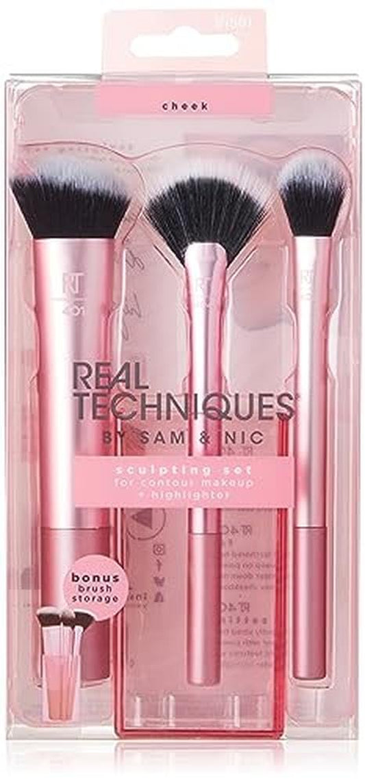 Cruelty Free Sculpting Set, Includes Fan or Setting Brush & Brush Cup, Synthetic Bristles, Pink, 4 Piece