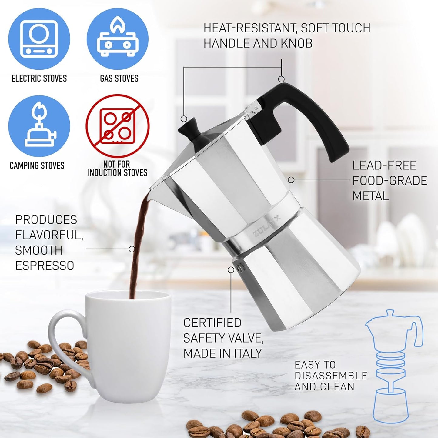 Zulay Premium Moka Pot Espresso - Leak-Proof Stovetop Espresso Maker - Perfect for Authentic Cuban & Italian Style Espresso - Makes 3 Espresso Cups - Silver