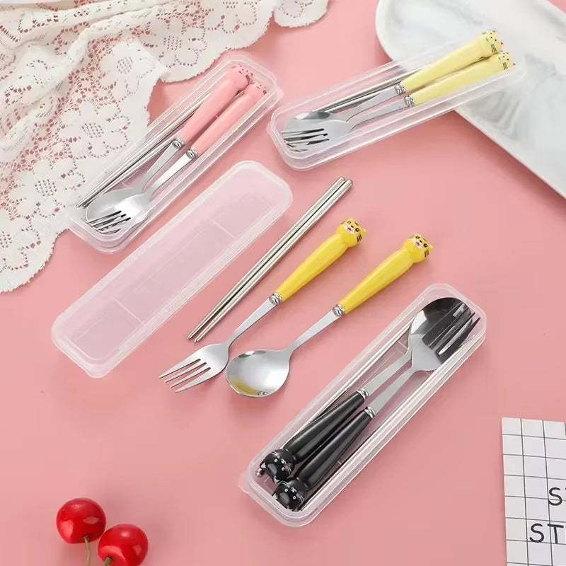 Portable Cartoon Tableware with Case Kitchen Utensils Reusable Flatware Silverware Include Fork Spoon for Children