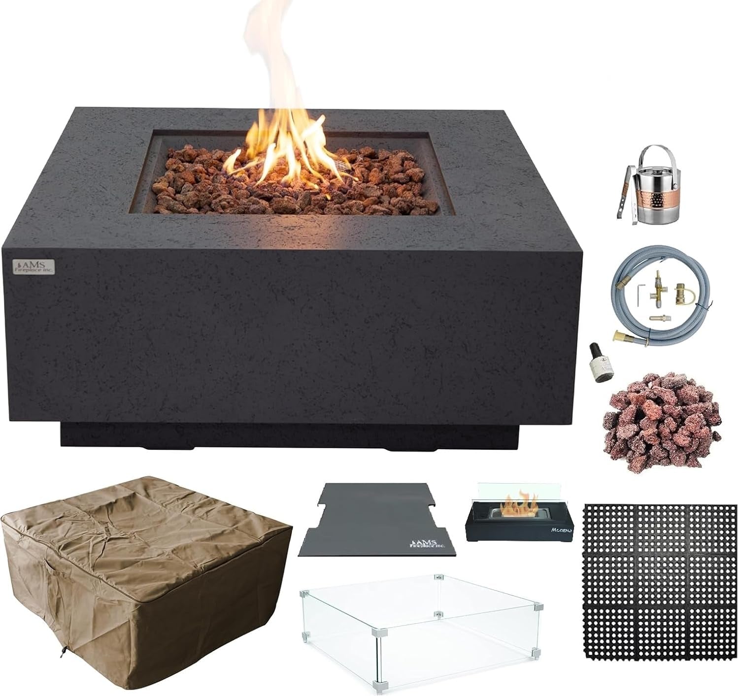 AMS Fireplace | Brooklyn 40"X40" Square Concrete Natural Gas Fire Pit Table | Dark Gray | Travertine (Coarse) Texture Surface | Outdoor Patio Heater Electronic Ignition outside Backyard Fireplace