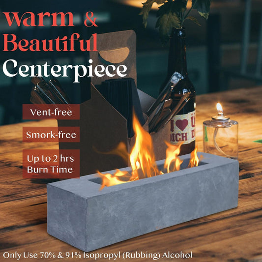 Large Rectangle Tabletop Fire Pit - Portable Bioethanol Fuel Concrete Smokeless Fire Bowl Table Top Firepit - Tabletop Fireplace - Rubbing Alcohol Smores Maker Personal Fireplace for Indoor Outdoor