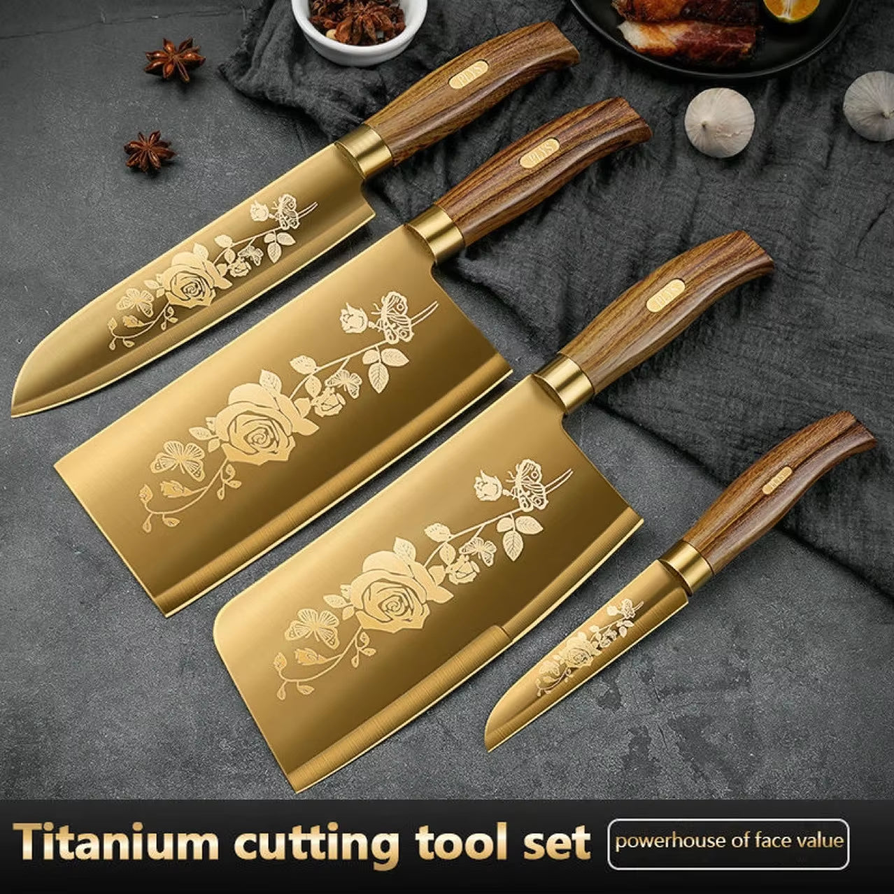 Gold Rose Pattern 4-Piece Kitchen Knife Set, Luxury Stainless Steel Chef Knives for Cooking, Sharp Professional Kitchen Tools