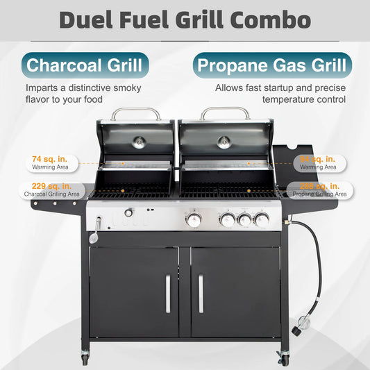 Dual Fuel Gas and Charcoal Grill Combo with 3 Burners and Side Burner