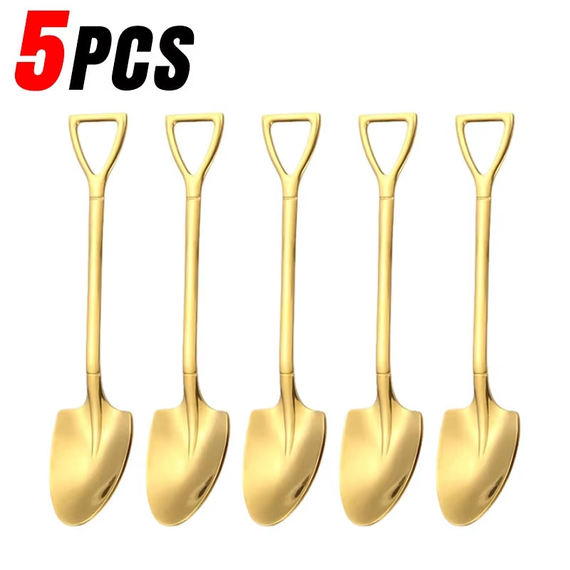 Stainless Steel Shovel Spoons Gold Silver Mini Coffee Teaspoon Fruit Ice Cream Dessert Spoon Scoops Kitchen Tableware Set 20/2Pc