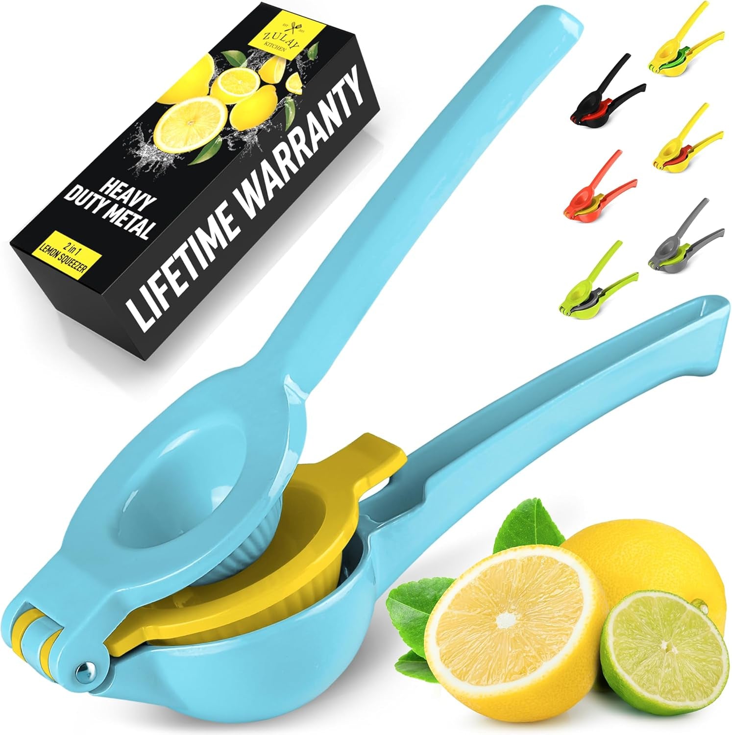 Zulay Metal 2-In-1 Lemon Squeezer Manual - Sturdy, Max Extraction Hand Juicer Lemon Squeezer Gets Every Last Drop - Easy to Clean Manual Citrus Juicer - Easy-To-Use Lemon Juicer Squeezer - Blue/Yellow