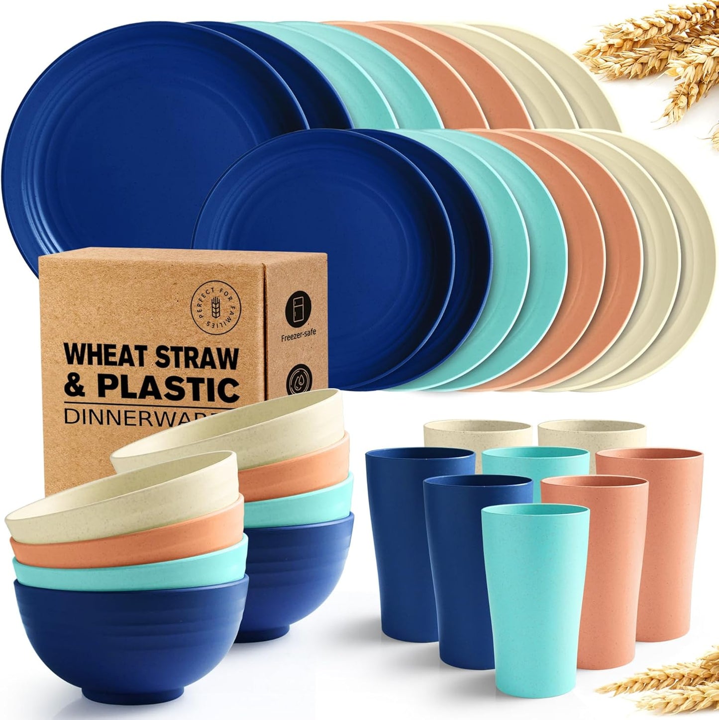 32-Piece Kitchen Plastic Wheat Straw Dinnerware Set, Service for 8, Dinner Plates, Dessert Plate, Cereal Bowls, Cups, Unbreakable Plastic Outdoor Camping Dishes, Cute