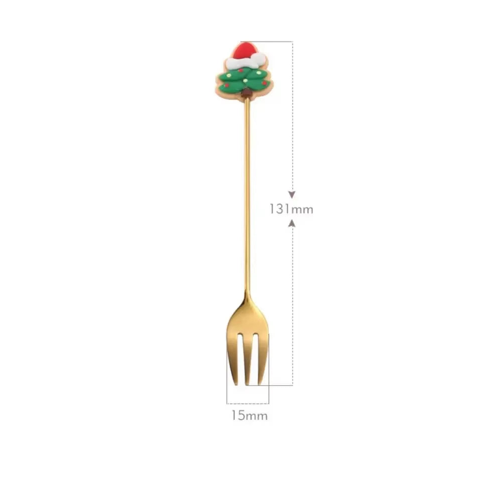 Christmas Spoons Forks Set Stainless Steel Gold Silver Coffee Spoons Cute Elk Christmas Tree Gingerbread Man Salad Dessert Fork